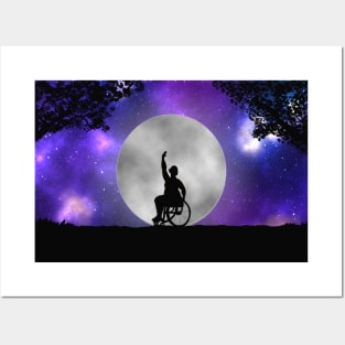 Plus size disabled wheelchair user ballerina dancing before a full moon and galaxy Posters and Art